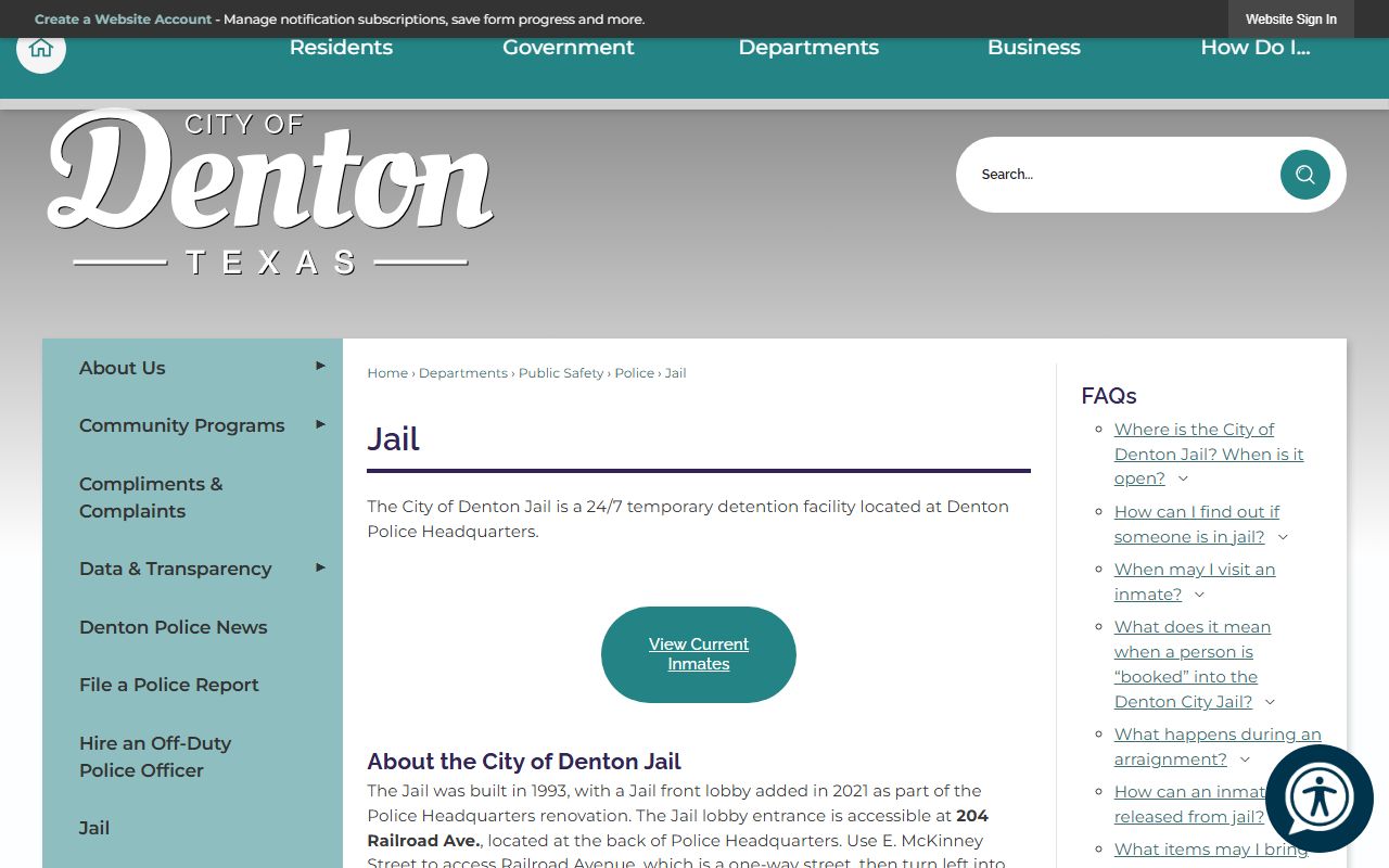 City of Denton Jail page with custody report and jail information
