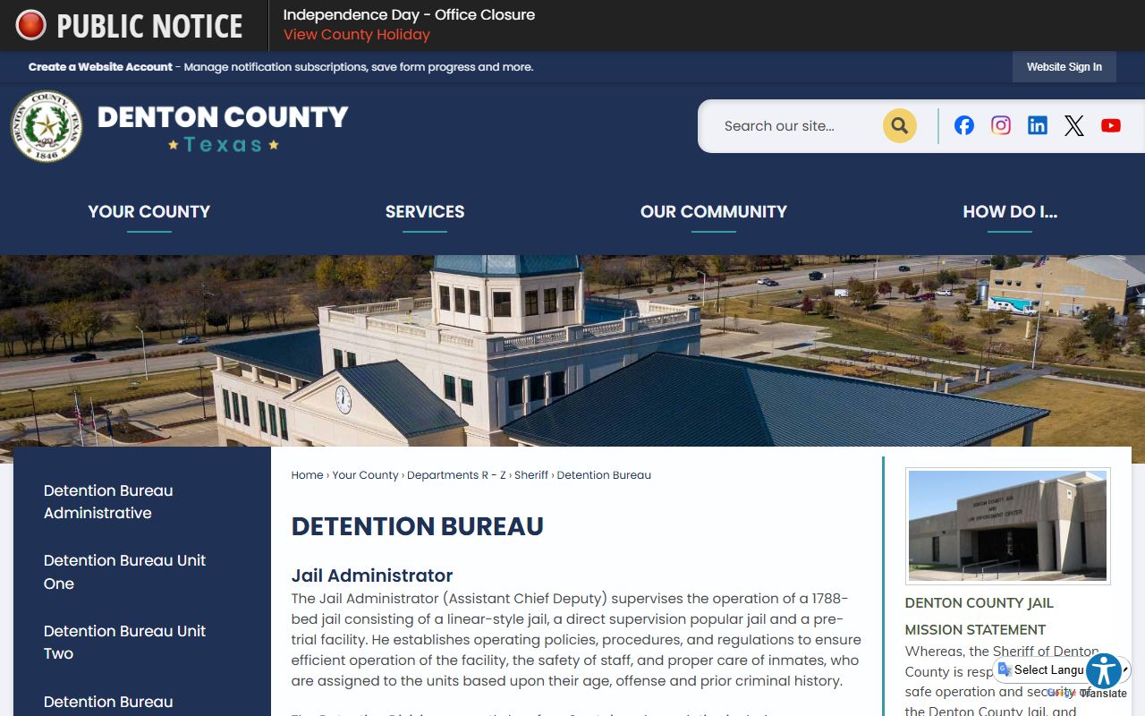 Denton County Detention Bureau page showing jail capacity and operations