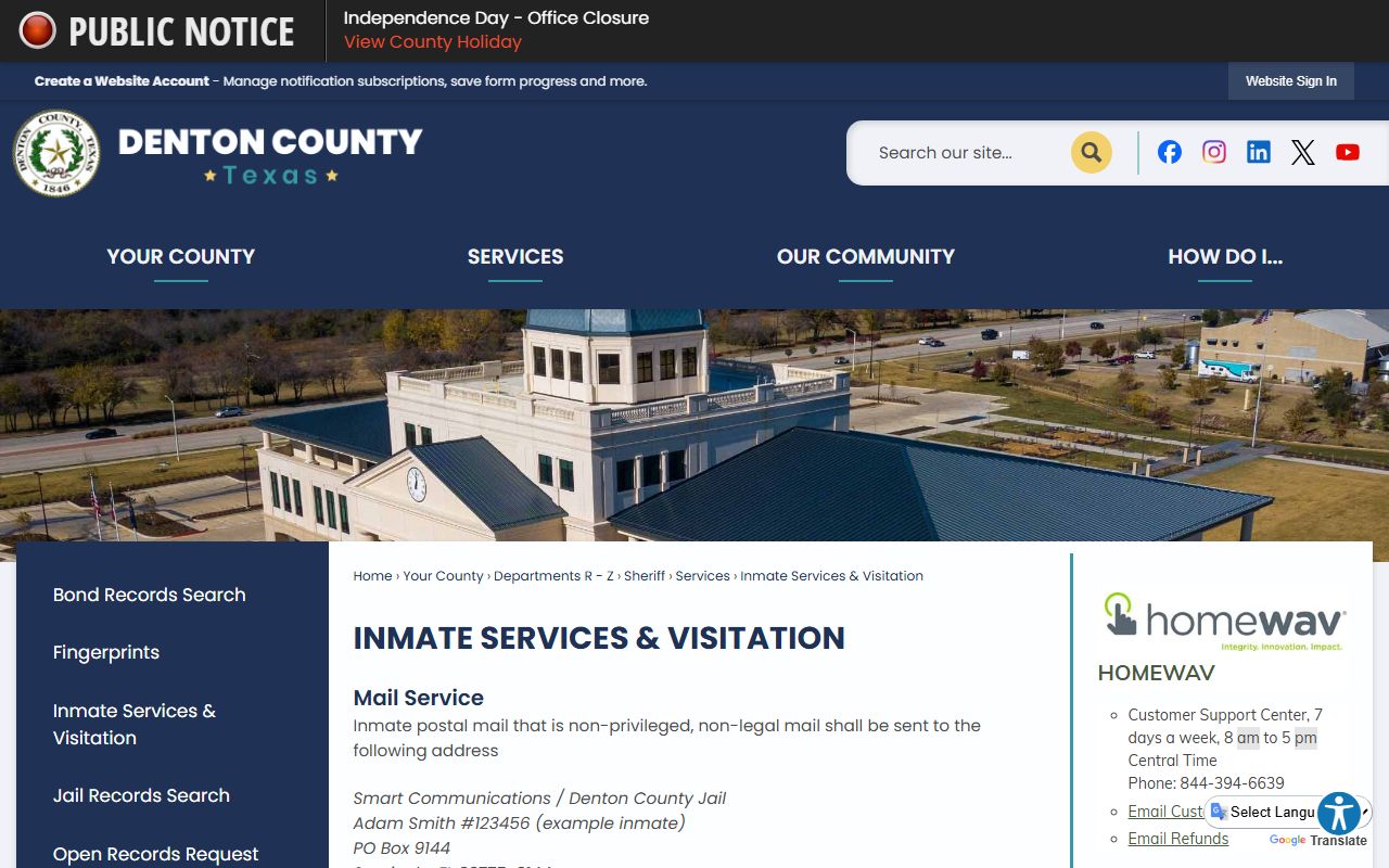 Denton County inmate services and visitation page with HomeWAV and mail rules