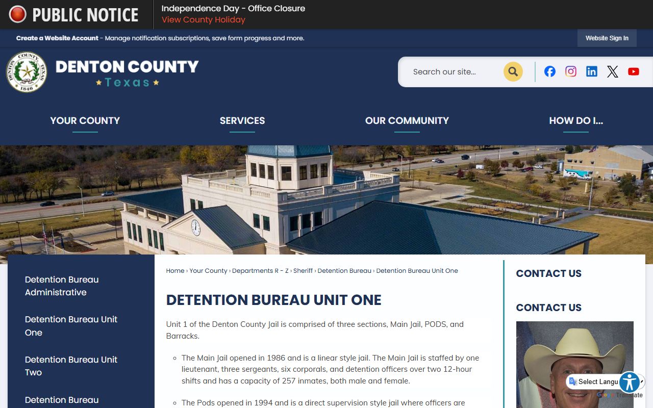 Denton County Jail Unit 1 page with Main Jail and Pods details