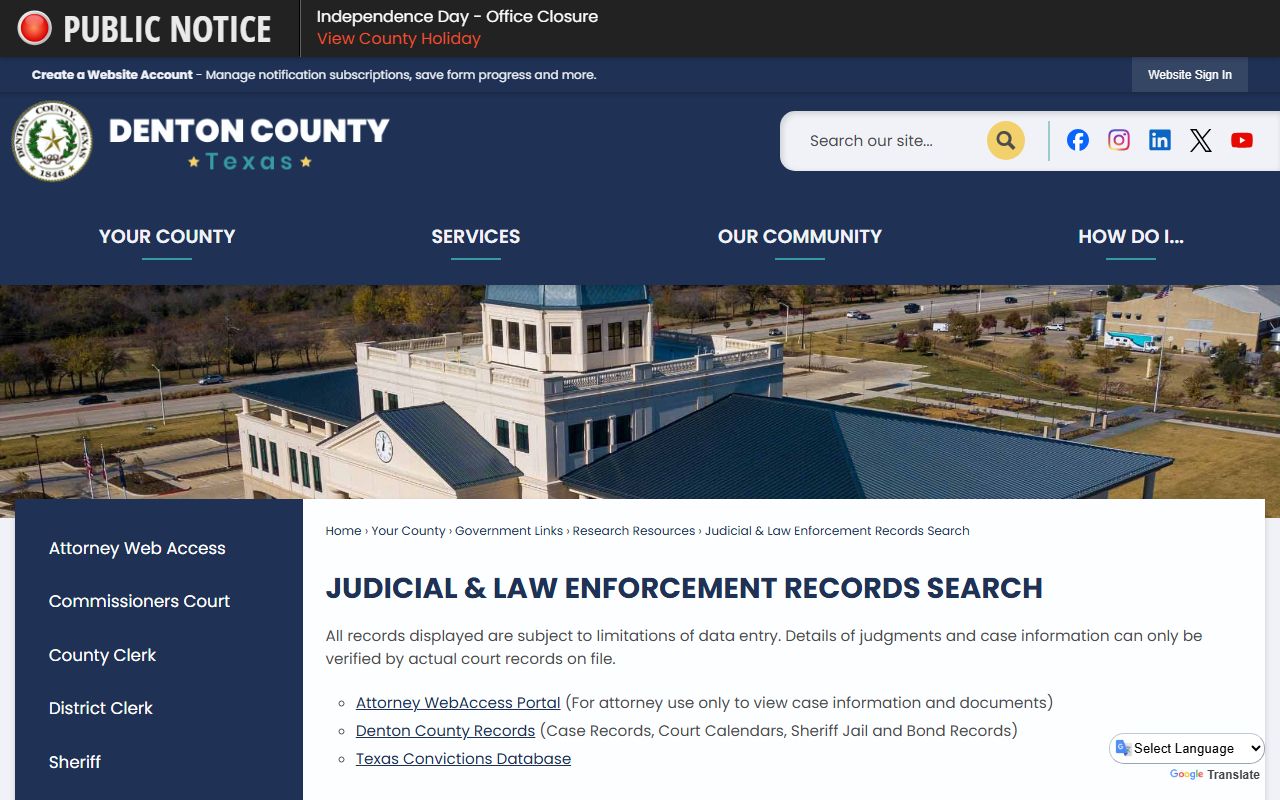 Denton County inmate search judicial and law enforcement records page